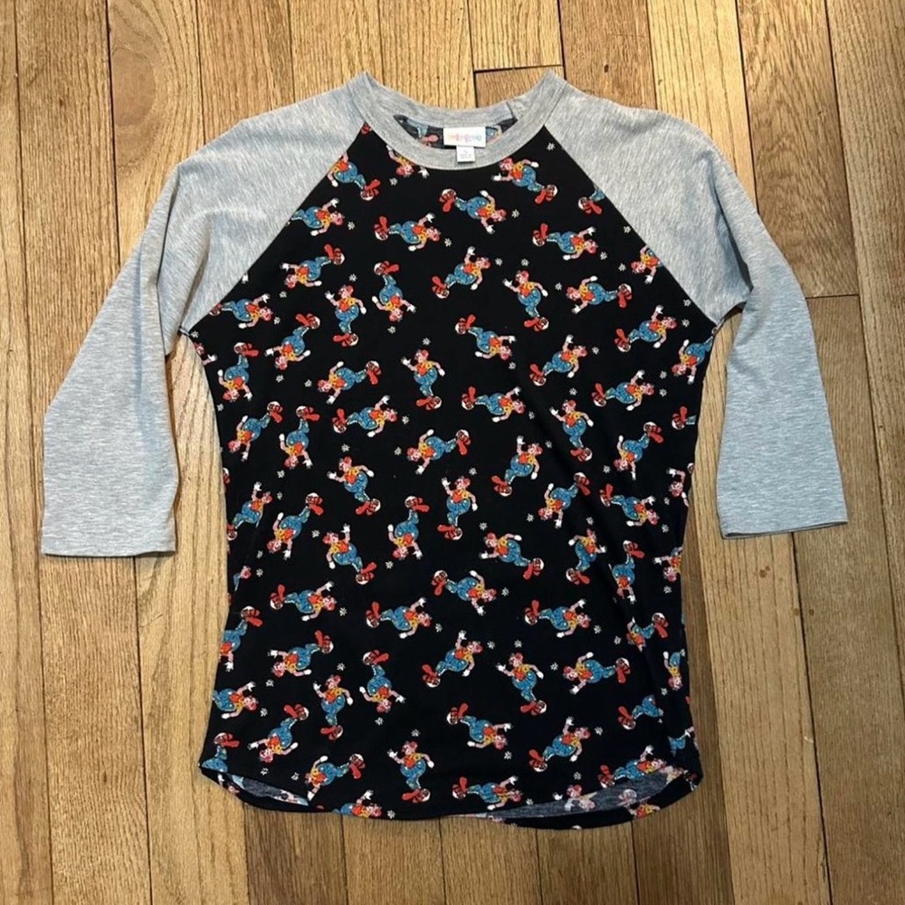 Lularoe Raglan Baseball Tee Black & Gray with Colorful Clown Novelty Print